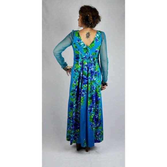 HAWAIIAN Maxi Dress Plunging LOW V Back & Long Sheer Sleeves Psychedelic Floral - Picture 3 of 5